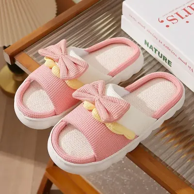 winter Bow Linen Slippers for Women